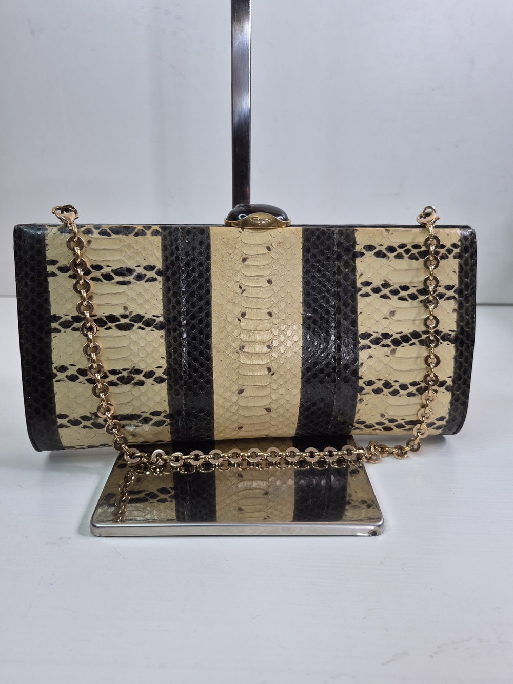 Salvatore Ferragamo Striped Snake-Embossed Clutch with Gold Chain